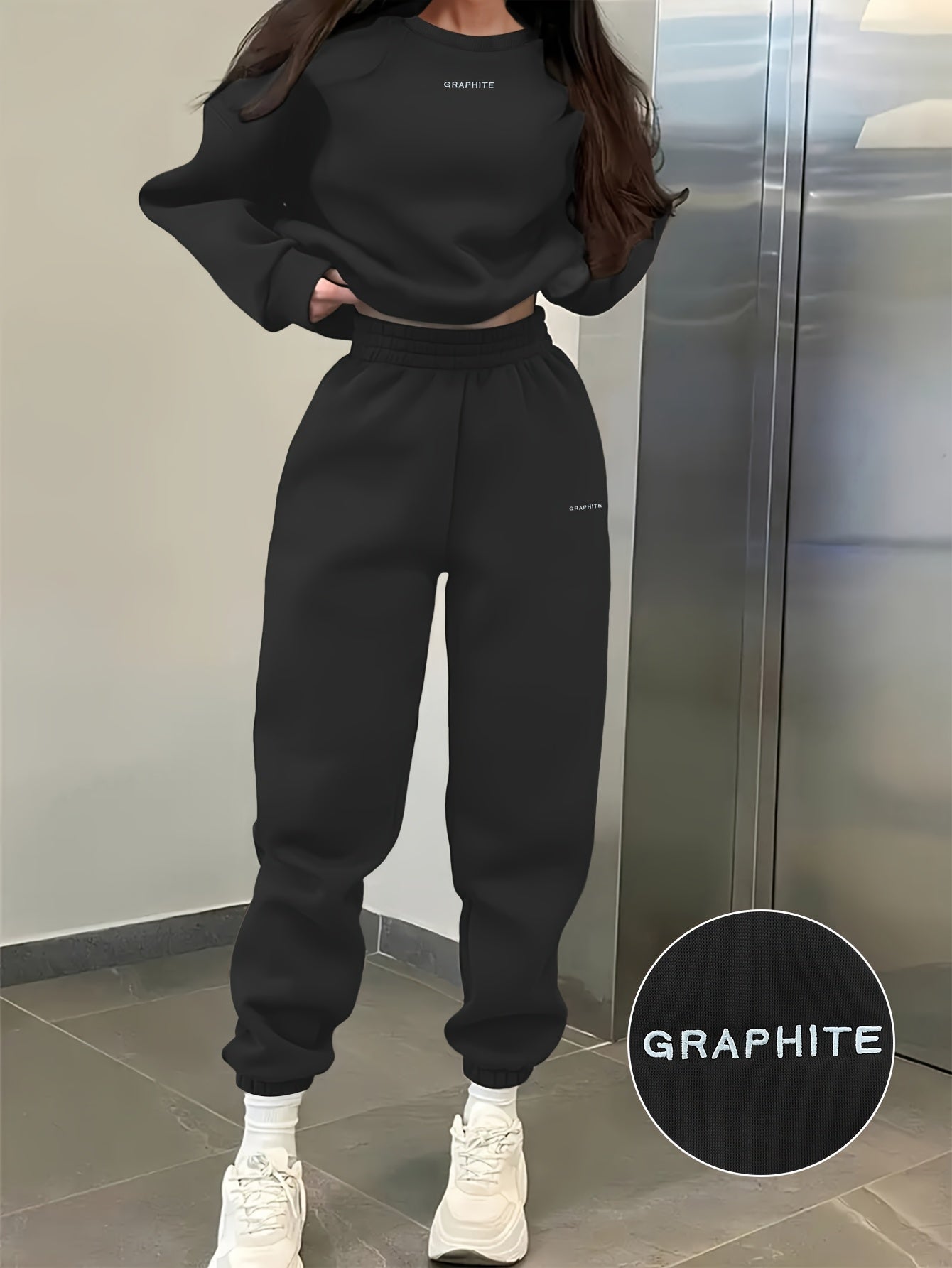 Women'S Spring/Fall Casual Sportswear Set, Polyester 100% Long Sleeve Pullovers with Embroidered Alphabet Design, Crew Neck Drop Shoulder Knit Fabric, Medium Stretch, Loose Fit Sweatshirt and Pants Set